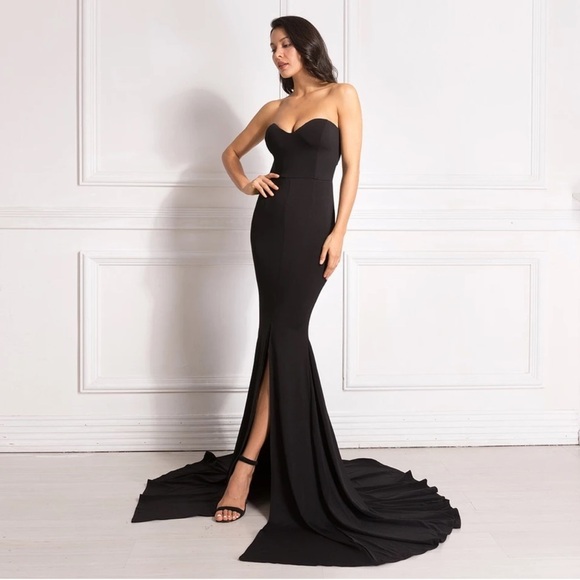 NEW Formal Black Strapless High Slit Evening Gown - Picture 6 of 8